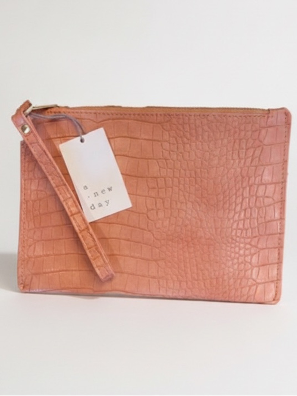 A NEW DAY Pouch Wristlet Clutch Bag Faux Leather Alligator Light Corral Orange